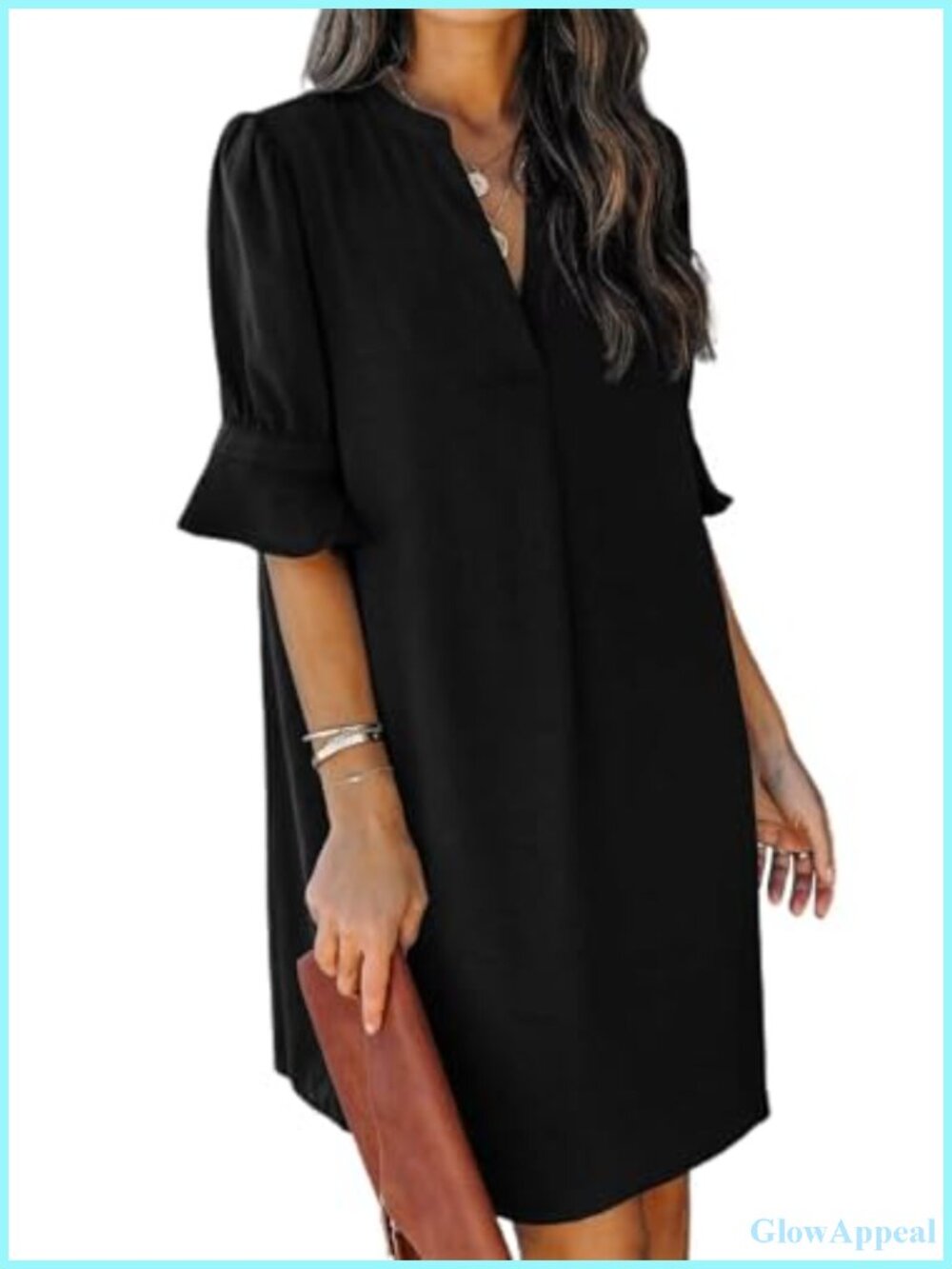 Womens Casual V Neck Shift Mini Dress Ruffle Sleeve Polyester Summer